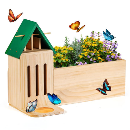 Wooden Butterfly House for Garden, Butterfly House and Feeder with Flower Pot, Natural Butterflies Habitat Butterfly Shelter Hotel for Butterflies, Bees, Ladybug
