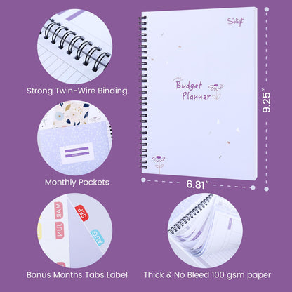 Monthly Budget Planner Book (Undated) with 12 Pockets for Income, Debt, Saving, Expense and Bill Tracker Organizer, Purple, Spiral Design