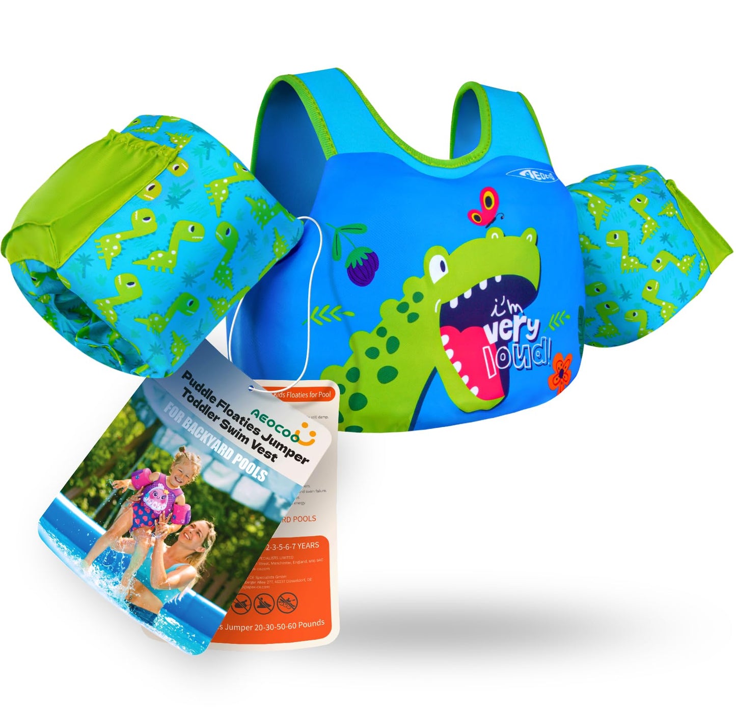 AEOCOO Puddle Float Jumper 20-30-50 Pounds, Toddler Swim Vest for 1-3-5 Years Old, Pool Floats with Swimming Arm Floaties Swim Jacket with Water Wings for Kids Swimmies, Boys, Girls, Niños, Dinosaur