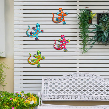 Kggetr Metal Gecko Wall Art Decor- Outdoor Lizards Hanging Decoration for Garden Yard Fence Patio Balcony(4 Pack)