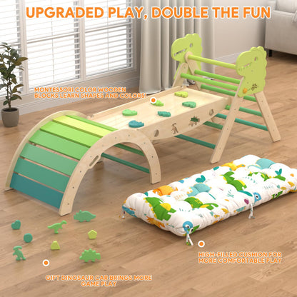 KidsBuddy Pikler Triangle Set with Cushion 9 in 1 Climbing Toys for Toddlers 1-3 Indoor Baby Climbing Gym Toddler Montessori Toys Wooden Toy with Maze Toy, Shape Sorter, Dinosaur Car