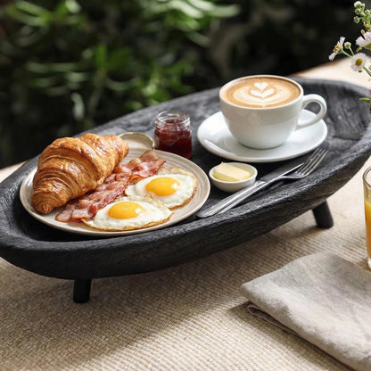 Wooden Tray with Key Bowl， 17.7 Inch Oval Decorative Tray for Coffee Table & Entryway， Black & Dark Brown Decorative Bowl (Black)