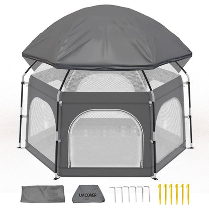 Baby Playpen with Canopy, Portable Outdoor & Indoor Baby Beach Tent for Babies and Toddlers, Foldable Play Yard with Mosquito Net, Travel Play Yard Includes Sand Stakes & Carry Bag