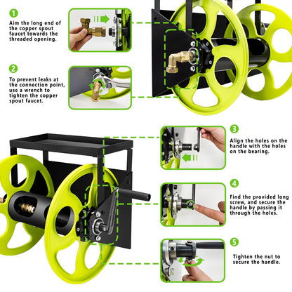 Stainless Steel Garden Hose Reel for 5/8" Hose Reel with Crank Handle Retractable ，Wall Mount Metal Hose Reel 3/4 in Brass Fitting ， Holds up to 120-FtHose with Storage Rack (Hose not included）