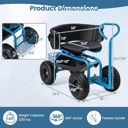 ERGOMASTER Rolling Garden Seat with Wheels, Adjustable 360° Swivel Workseat and Storage Basket, Extendable Handle, Outdoor Gardening Wagon Scooter, Blue