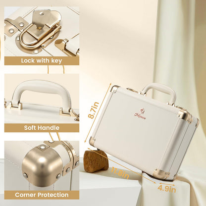 Faquenc Lighted Makeup Case with Detachable Tray, Beige Vegan Leather Makeup Box Rechargable 3-Color LED Mirror, Travel Train Case Makeup Bag Organizer with Champagne Alloy
