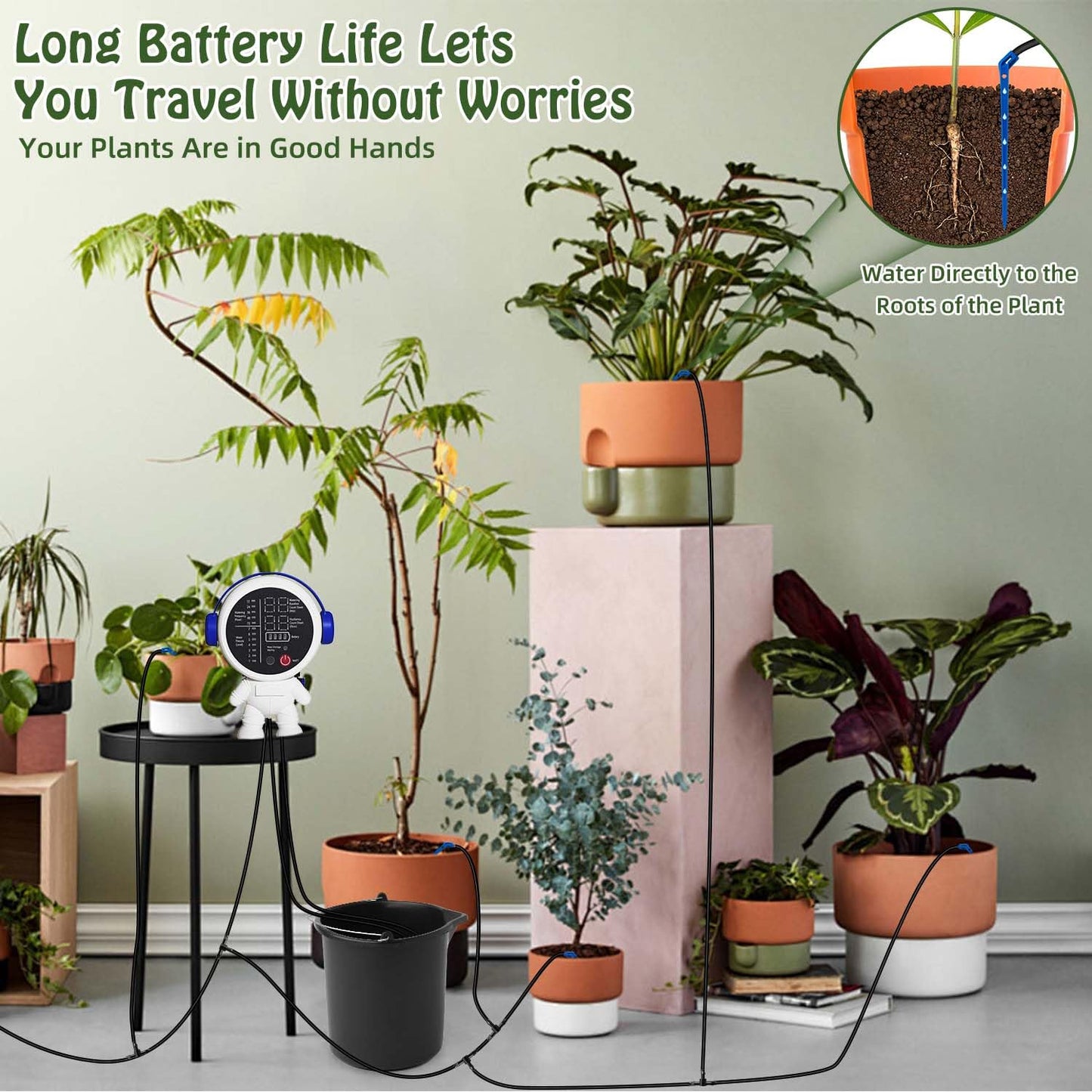 BEMTTALY Solar Drip Irrigation System for Garden/Outdoor/Indoor, Garden Solar Automatic Watering System for 15 Potted Plants, Vacation Automatic Plant Waterer Outdoor with 2500mAh Battery, 50Ft Tube