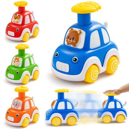 TooyBing Press and Go Car Toys for Toddlers 1-3, 4 Pack Animal Baby Car Toys for 1 2 Year Old Boy, Push Go Friction Vehicle Toys for Infants 12-18 Months, One First Birthday Gifts for Boys Girls