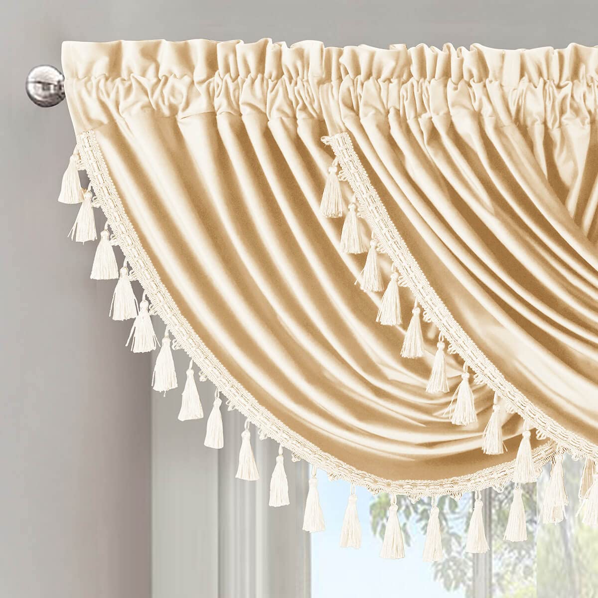 Royal Hotel Bedding Velvet Waterfall Valance, 1 Single Waterfall Valance, Top Rod Pocket Heavyweight Velvet, Off-White, 57 inches Wide by 37 inches Long (Single)
