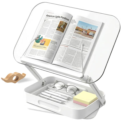 Lifcozy Book Stand for Reading, Acrylic Adjustable Book Holder with Book Page Holder, 360°Cookbook Stand with Storage for Kitchen Counter, Hands Free Recipe Book Holder for Textbook Cookbook, Clear