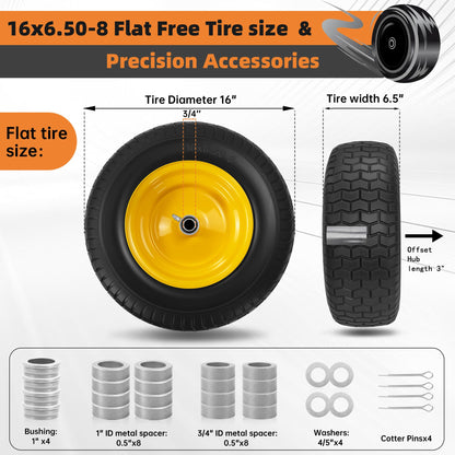 2PC 16x6.50-8 Flat Free Tire and Wheel,3/4" Bearings & Extra 1" Bushing,3" Offset Hub, Solid Riding lRLawn Mower Tires, 550lbs Load Capacity, Fit for Lawn Mowers, Riding Mowers and Lawn Tractors.