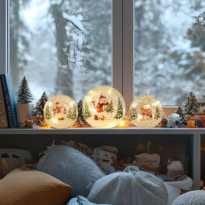 YEAHOME Christmas Decorations Indoor,Set of 3 Snowman Crackle Glass Ball with LED Lights Home Decor, Christmas Table Decorations Lighted Globes with Timer for Mantel Fireplace Tabletop
