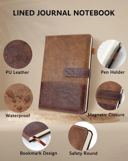 HULIPARK Leather Notebook Journal with Pen, A5 Lined Hardcover Notebook with Magnetic Closure, 240 Pages Daily Journal for Men Women, Ruled Journal Notebooks for Work, Writing, Note Taking - Brown