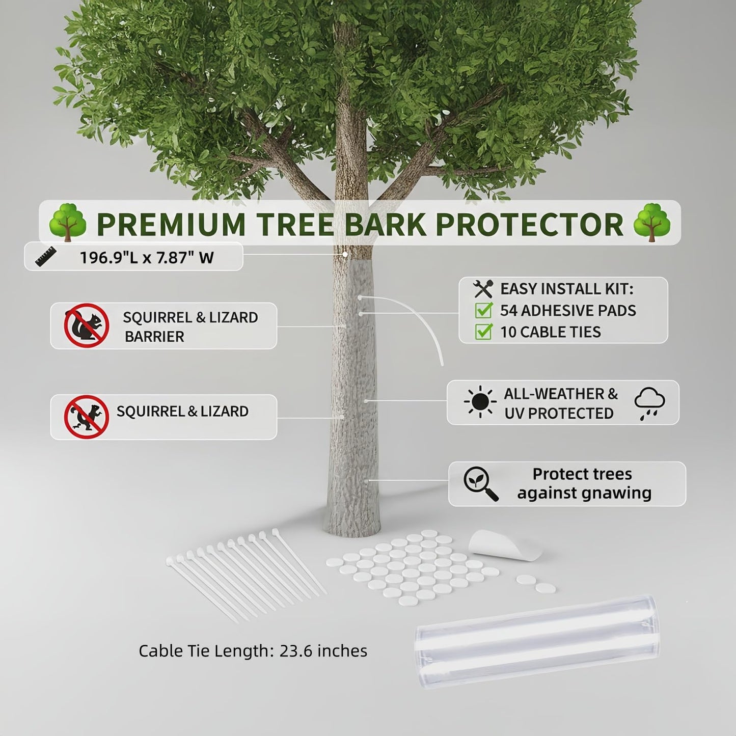 IWCR Durable Iguana Tree Wrap Tree Trunk Protector - Clear Tree-Safe Guard for Climbing Prevention, Rodent Barrier Kit with 54 Double-Sided Tapes & 10 Zip Ties (196" x 7.8")