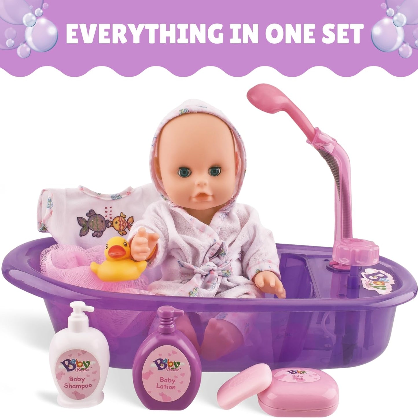 Liberty Imports Baby Bath Toys 13-Inch Little Newborn Doll Bath Set - Real Working Bathtub with Detachable Shower Spray and Accessories for Kids Pretend Play