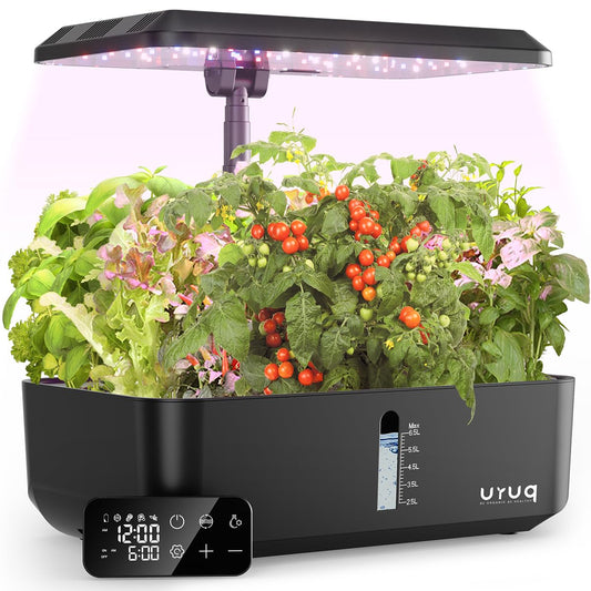 URUQ Hydroponics Growing System Garden: 12 Pods Indoor Gardening System with Custom Time Grow Light Height Adjustable Quiet Plants Germination Kit - Gardening Gifts Charcoal