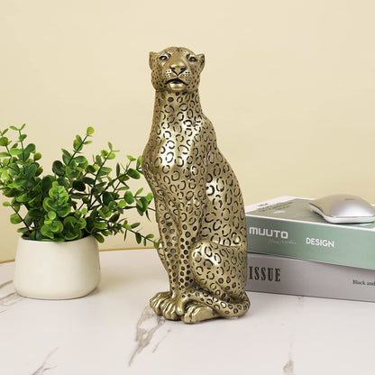 Polyroyal Cheetah Statue Home Decor Leopard Sculpture Resin Sitting Cheetah Figurine Desktop Table Top Ornament Decoration for Home Office Champagne Gold