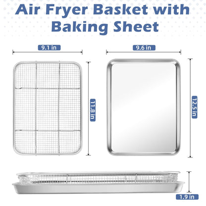 TeamFar Air Fryer Basket for Oven, 12.5”x9.6” Stainless Steel Air Fryer Basket and Tray, Oven Air Fryer Rack with Baking Pan for Cooking Baking Broiling Grilling, Heavy Duty & Dishwasher Safe