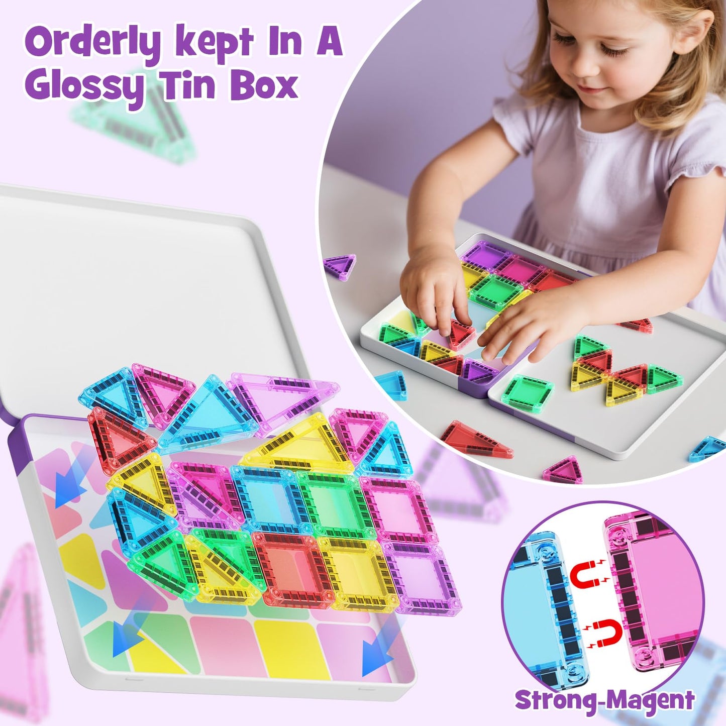hunloot Mini Magnetic Tiles 40PCS Travel Set with Iron Storage Box, Portable STEM Building Blocks for Kids 3-8, Montessori Educational Magnet Toys for Road Trip, Airplane, Car Rides & On-The-Go Play