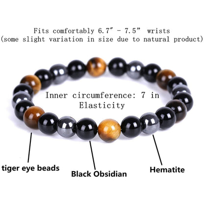 WEFRIN Triple Protection Bracelet for Bring Luck and Prosperity Hematite Black Obsidian Tiger Eye Stone Bracelets for Men Women, Beaded Buddha Rope Uni Bracelet (2pcs) (F)