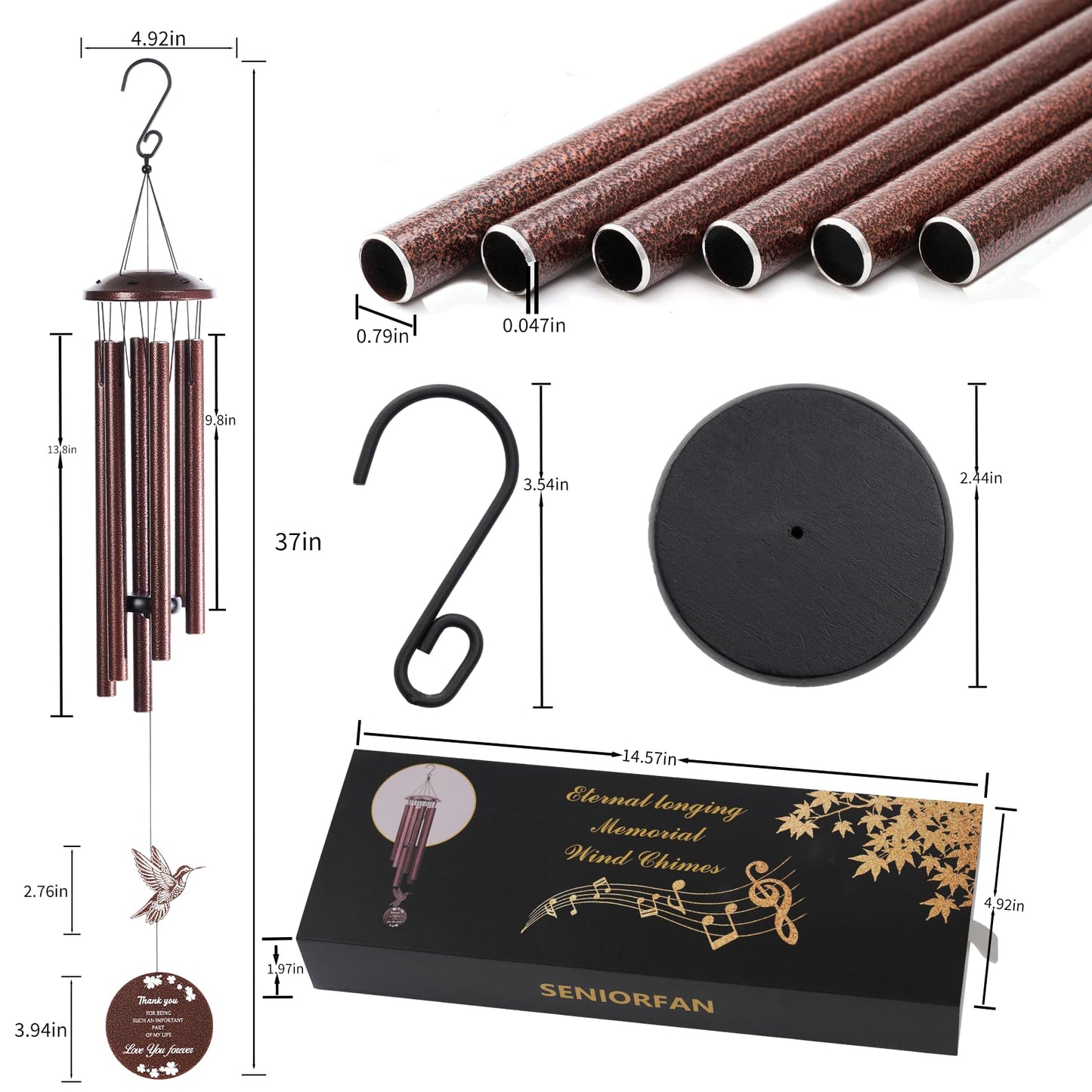 Outdoor Wind Chimes, 37 inch, Hummingbird Windchime, Suitable for Home Decoration, can be Used in Gardens, patios, Balconies, etc. Gift That Expresses Sympathy for Mothers, Grandmothers or Friends.