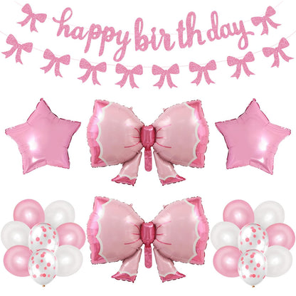 Phoaxul Cute Pink Bow Birthday Decorations for Girls, Glitter Happy Birthday Banner, Bow Balloons, Pink Party Decorations for Women, Baby Girl Shower, Princess Bday Party Supplies