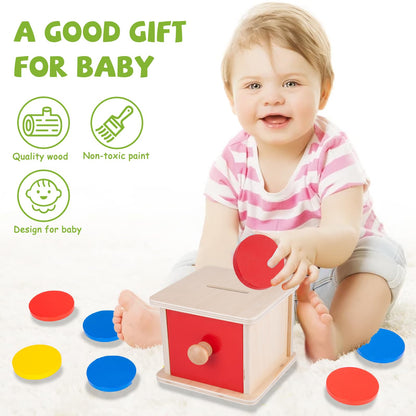 Adena Montessori Coin Lock Box,2 in 1 Object Permanence Box Toys for 1 Year Old Baby Coins,Wooden Mechanisms Help Develop Probelm Solving Skills Toys for 6-12 Month Infant Toys,Learning Kids Gifts