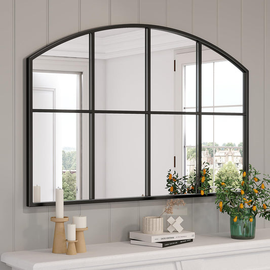 Brauthon Black Arched Window Pane Mirror, 42" x 28" Wide Mirrors for Wall, Grid Wall Mirror Decorative Large Mirrors for Living Room Bedroom Farmhouse Fireplace Hallway Entryway