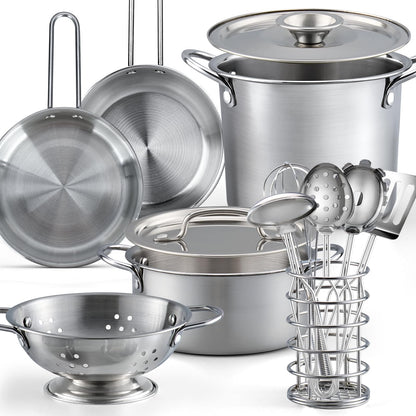 13Pcs Kids Pretend Play Kitchen Accessories Pots and Pans Playset, Stainless Steel Pots and Pans Cooking Utensils in Draining Caddy Kitchen Toy Set Accessories for Kids Toddler Age 3 Years Old