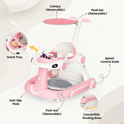 HAWEEK Baby Walker with Wheels, 7-in-1 Foldable Baby Walkers for Boys Girls 6-12 Months with Feeding Tray & Music, Lights,Rocker,Sun Canopy, Bouncing Pedal, Adjustable Wheel Speed, Push Walker (Pink)