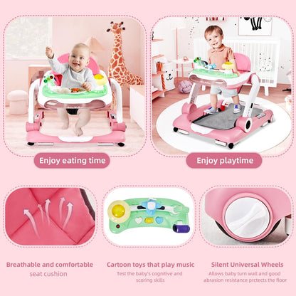 5-in-1 Baby Walker with Wheels, Baby Walkers for Boys Girls 6-18 Months, Foldable Adjustable Walker with Bouncer, Feeding Tray, Music & Detachable Footrest(Pink)