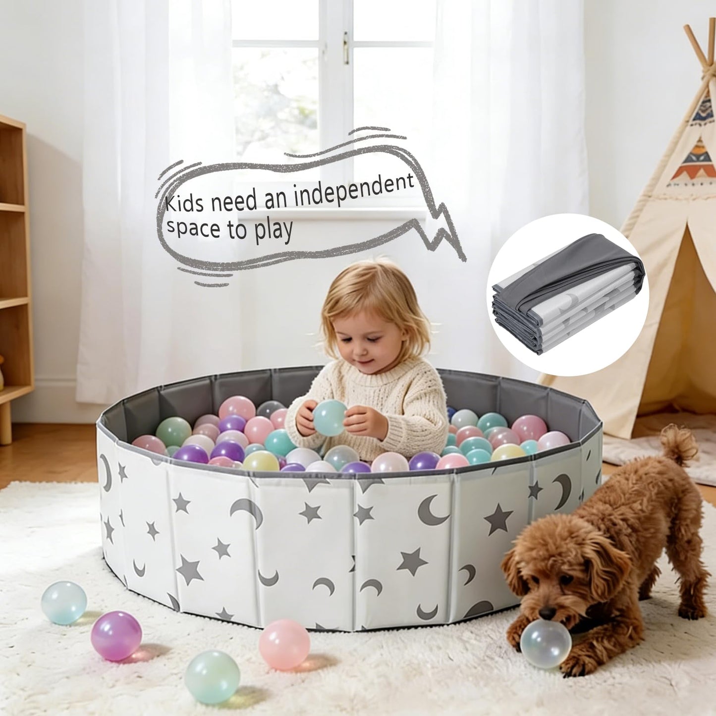 40Inch Kids Ball Pit, Foldable & Portable & Reusable Balls Pool for Toddlers,Playpen/Fence for Baby, Play Pool for Dog, Indoor & Outdoor Use, Oversized (Star/Moon)