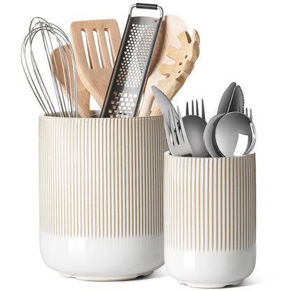 LE TAUCI Utensil Holder for Kitchen Counter, 7.3"+5.4" Fluted Ceramic Utensil Crock Organizer for Countertop, Heavy Large Holder for Spatulas, Spoons, Set of 2, Warm White Glaze