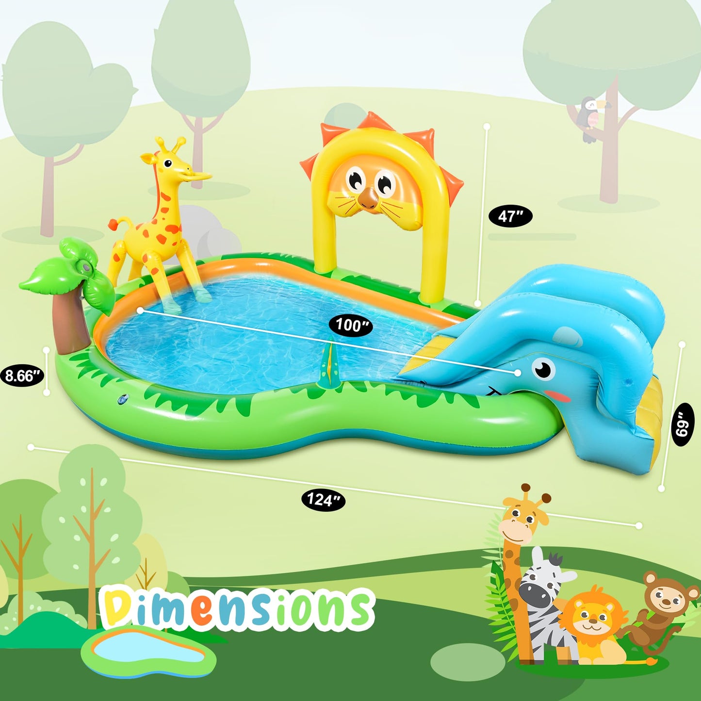 SULIFEEL 2026 Inflatable Jungle Kids Pool, Large Inflatable Toddler Happy Play Center with Water Slide & Sprinkler, 100" Blow Up Kiddie Splash Water Park 100" for Backyard, Garden, Ages 2+