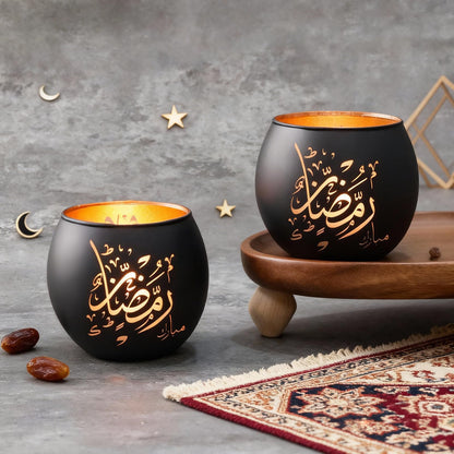 Eid Mubarak Decorations Indoor, Arabic Calligraphy 4 Pcs Laser Etched Glass Tealight Candle Holders, Ramadan Kareem & Ramadan Mubarak Votive Holders for Table Decor, Islamic Gifts