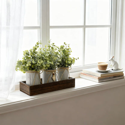 HEMYLU Artificial Flower Decorative Centerpiece, Frosty Green Eucalyptus Table Arrangement with 3 Rustic Metal Pots and Wood Tray for Farmhouse Home Décor