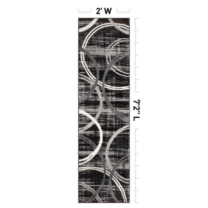 Rugshop Modern Wavy Circles Design Runner Rug, Non-Shedding Carpet for Hallway, Entryway, or Kitchen, Black, 2' x 7'2"