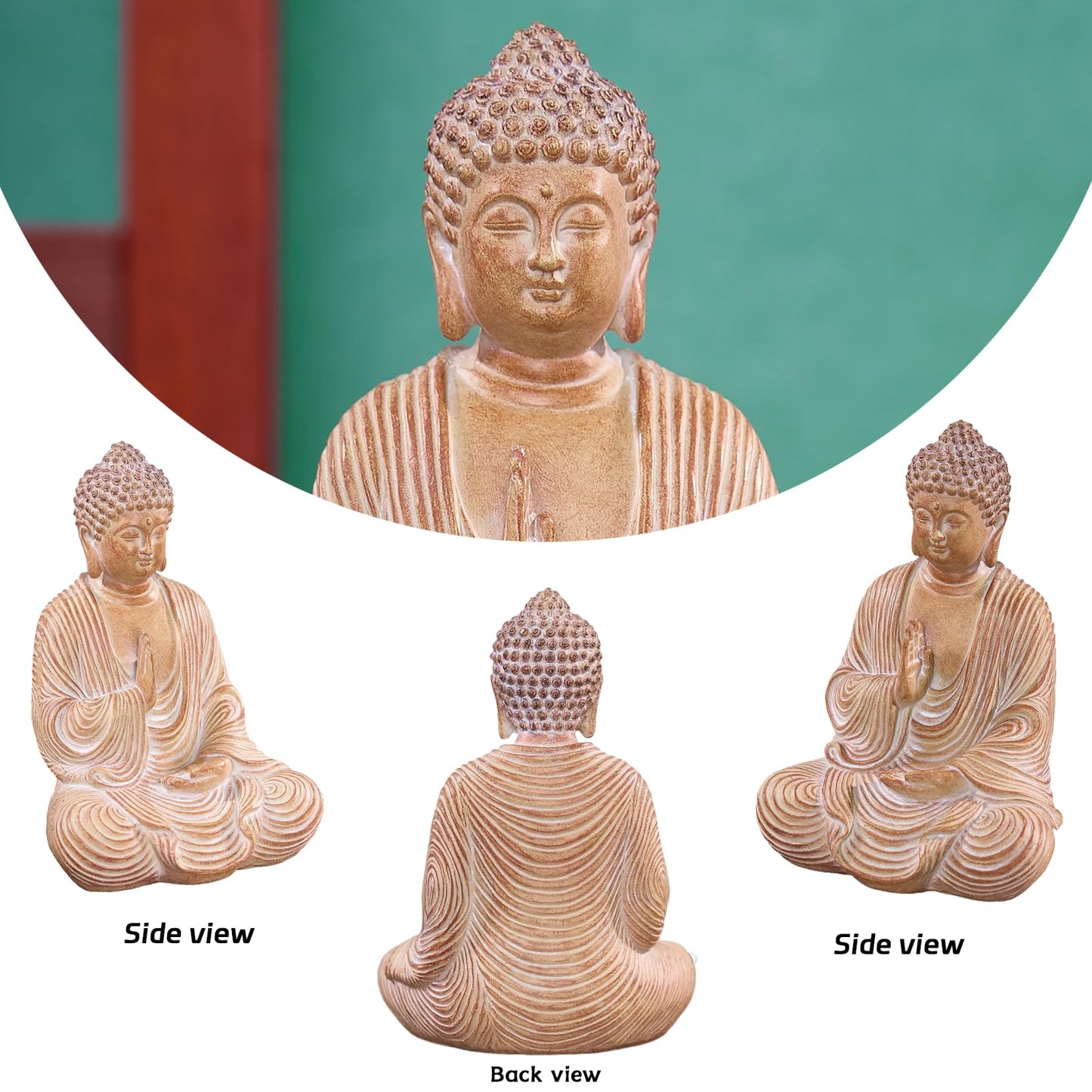 Swaite Zen Buddha Statue - Hand Carved Wood Grain Resin Meditation Decor, Feng Shui Ornament for Living Room Desk, Spiritual Space Zen Garden Decoration (Housewarming Gift/Mindfulness Aid, 7.87inch)
