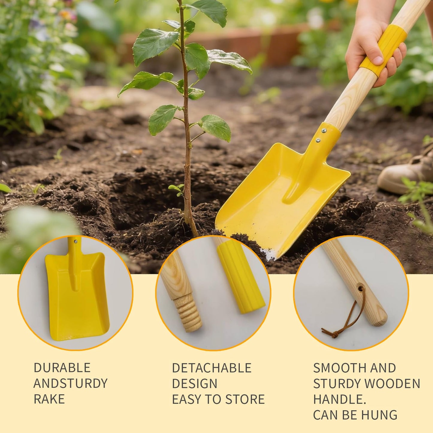 2 Pcs Kids Rake and Shovel Set,28" Toddler Size Metal Snow Shovel & Leaves Rake with Wooden Handle,Real Gardening Tools for Child Age 3 for Little Helpers in Winter Yard Fun