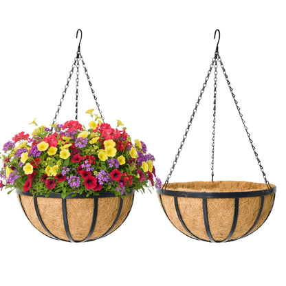 KIDYBELL 2 Pack 12 Inch Round Hanging Basket with Coco Liners， Metal Hanging Baskets for Plants Outdoor， Hanging Planter with Chain Garden Products for Outdoor, Porch, Lawn, Garden