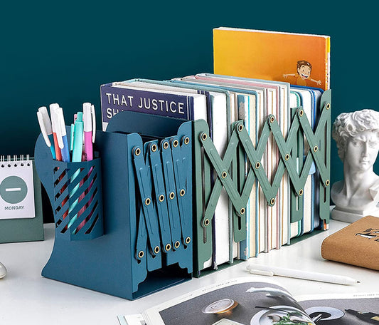 Kingsmile Book Ends, Adjustable Bookends for Shelves, Metal Bookends for Heavy Books, Book Stopper Organzier with Pen Holder for Desk, Kids Room, Office, Classroom, Library, Study Room.(Green)