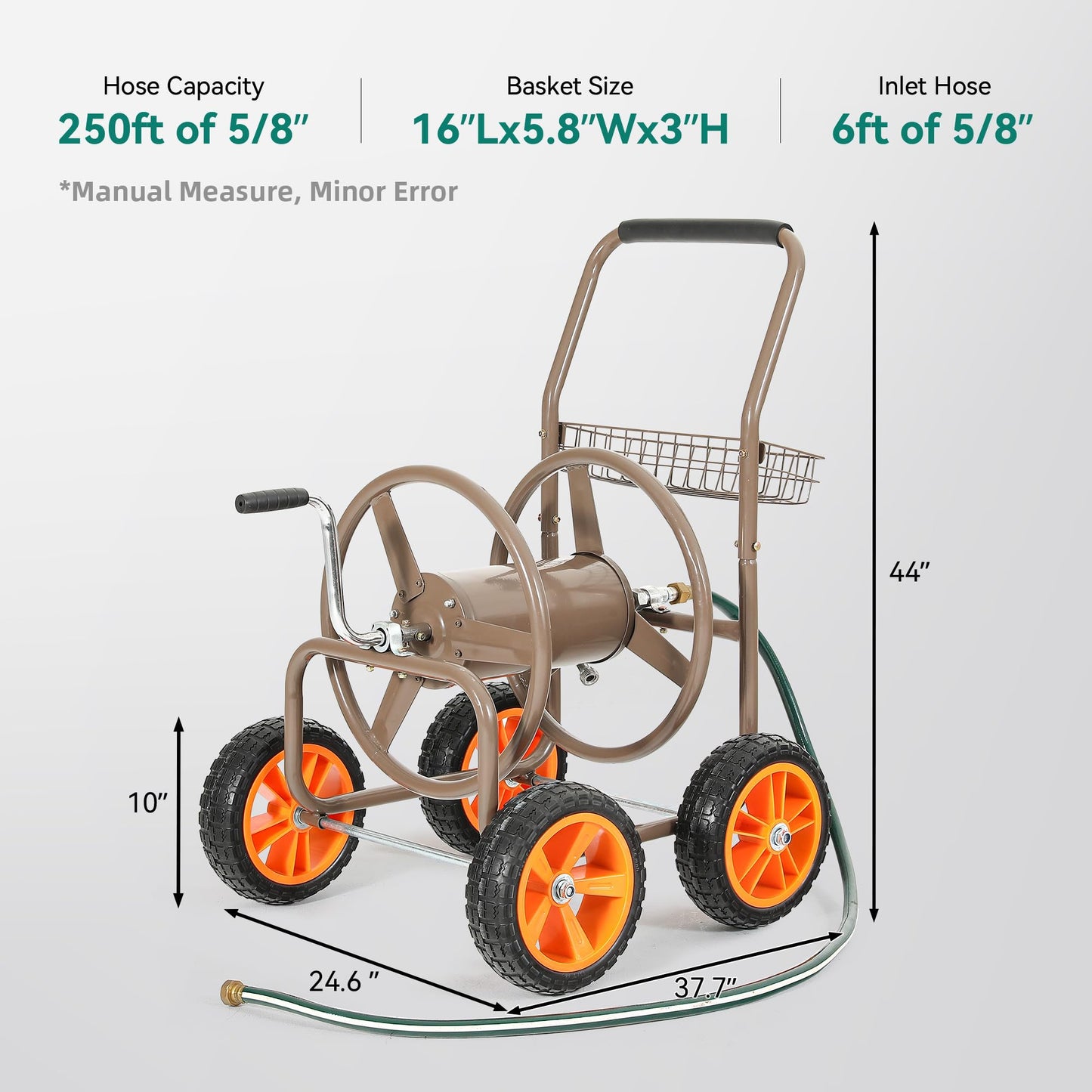 2026 Upgraded Hose Reel Cart with 10" NO-FLAT TIRES, 250FT 5/8" Heavy-Duty Steel Frame, Easy-Rolling All-Terrain Mobility for Tangle-Free Garden Hose Storage, Lawn Yard