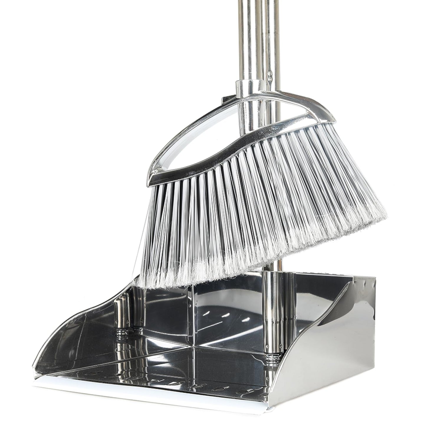 Metal Dustpan and Heavy Duty Broom Set, Stand Up Dustpan with Outdoor Stiff Bristles Broom for Hardwood Patio Room Office Floor Sweeping
