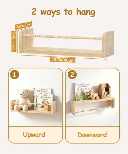 Mazjoaru Nursery Book Shelves for Wall Set of 3, Natural Wood Bookshelves Wall Decor, Small Floating Shelf Organizer for Kids Room, Bedroom, Kitchen Spice Rack