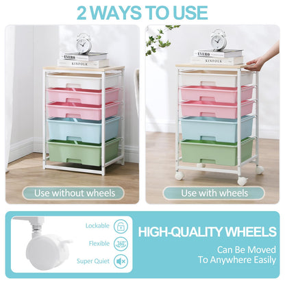 SYKIARIOL Utility Cart with 5 Drawers,Storage Drawer Cart with Wooden Tabletop and Lockable Wheels,Craft Storage Trolley Cart,5-Tier Rolling Utility Cart on Wheels,Rainbow