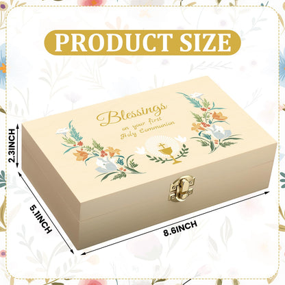 CroBlissful First Communion Wooden Box Keepsake Baptism Memory Box Gift 8.6 x 5.1 x 2.4 Inches First Holy Communion Jewelry Storage for Baptism Memory Keepsake(Floral)
