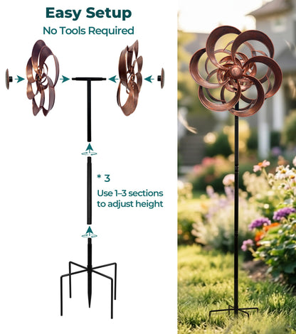 Gronhof 63" Metal Wind Spinner Outdoor, Double-Sided Kinetic Yard Spinner, Smooth Spinning Garden Decor, Stable 5-Prong Stake, Copper Yard Art for Lawn & Patio