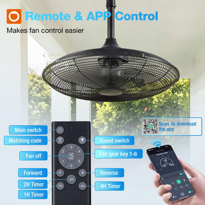 addlon Outdoor Fans for Patios, 20 inch IP65 Waterproof Gazebo Fan Remote&APP Control, 6 Speeds, Quiet, DC Motor, Plug in Ceiling Fan with Hook Hanging Caged Fan for Pergola Porch Canopy Backyard