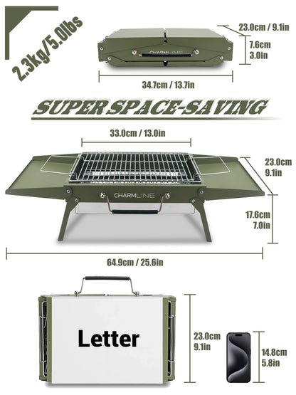 Charmline 14 x 9 inches Portable Charcoal BBQ Grill, Foldable Compact Camping Barbecue for 1–3 People, Ideal for Garden, Beach, Picnic & Tabletop Use, Green