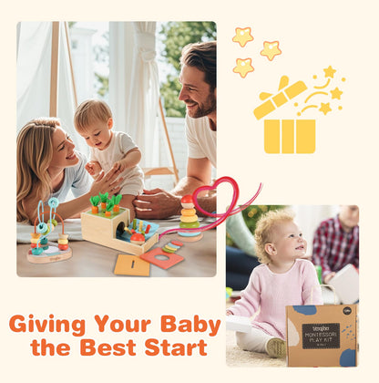 Twefex Wooden Montessori Learning Toys Kit,Babies Toys Set for 1 Year Old, Sensory and Thinking Play kit for Toddlers (Boys and Girls). 4 in 1 Drop Box; Rocking Stacker; Bead Maze.
